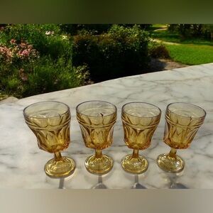 4 Vintage Anchor Hocking Fairfield Amber Footed Wine Water Goblets Glasses MCM